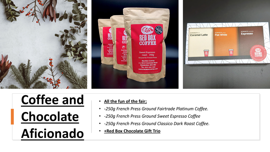 COFFEE AND CHOCOLATE AFICIONADO! All the fun of the fair (ground for french press) & Red Box Chocolate Trio Gift Set.
