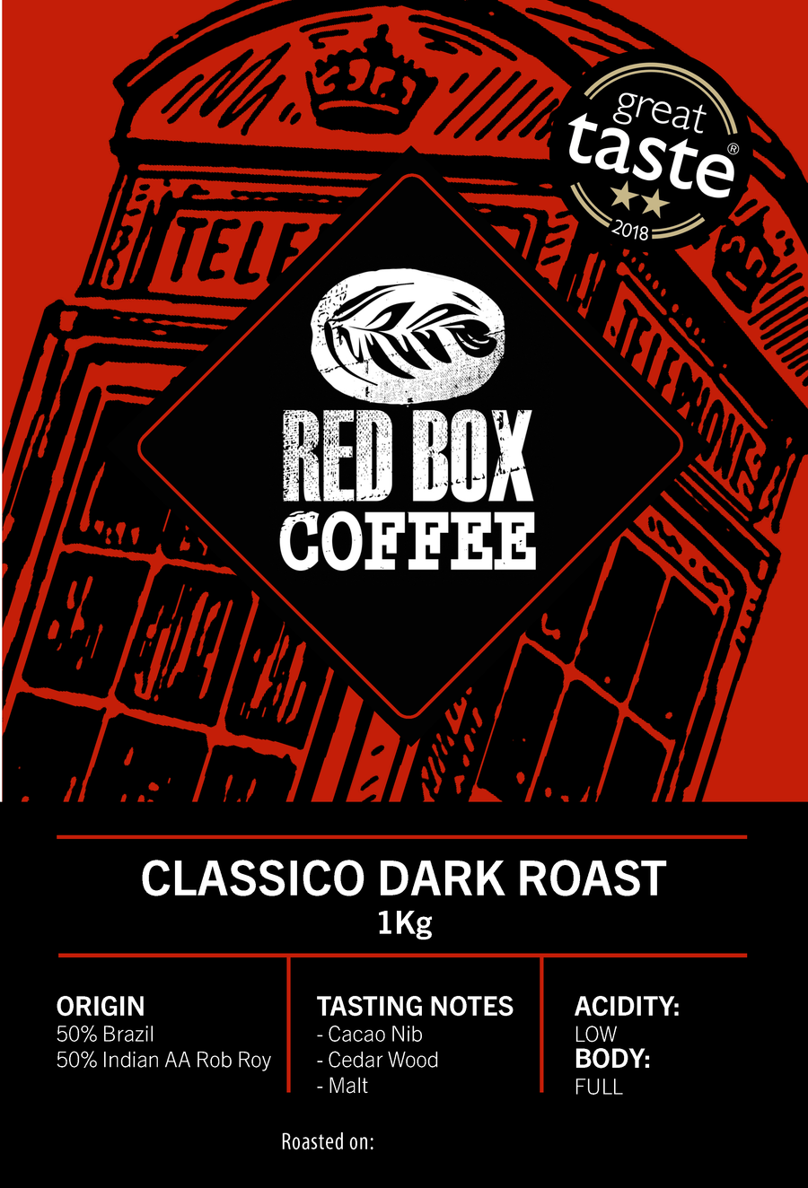 Red Box Classico Roast Coffee, Great Taste 2-Star 2018 - WHOLE BEAN