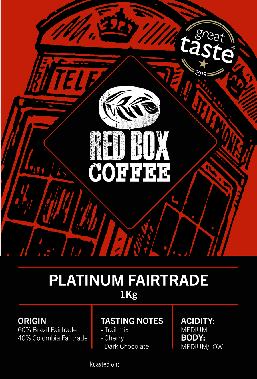 Red Box Platinum Fairtrade Coffee, Great Taste 1-Star 2019 - WHOLE BEAN