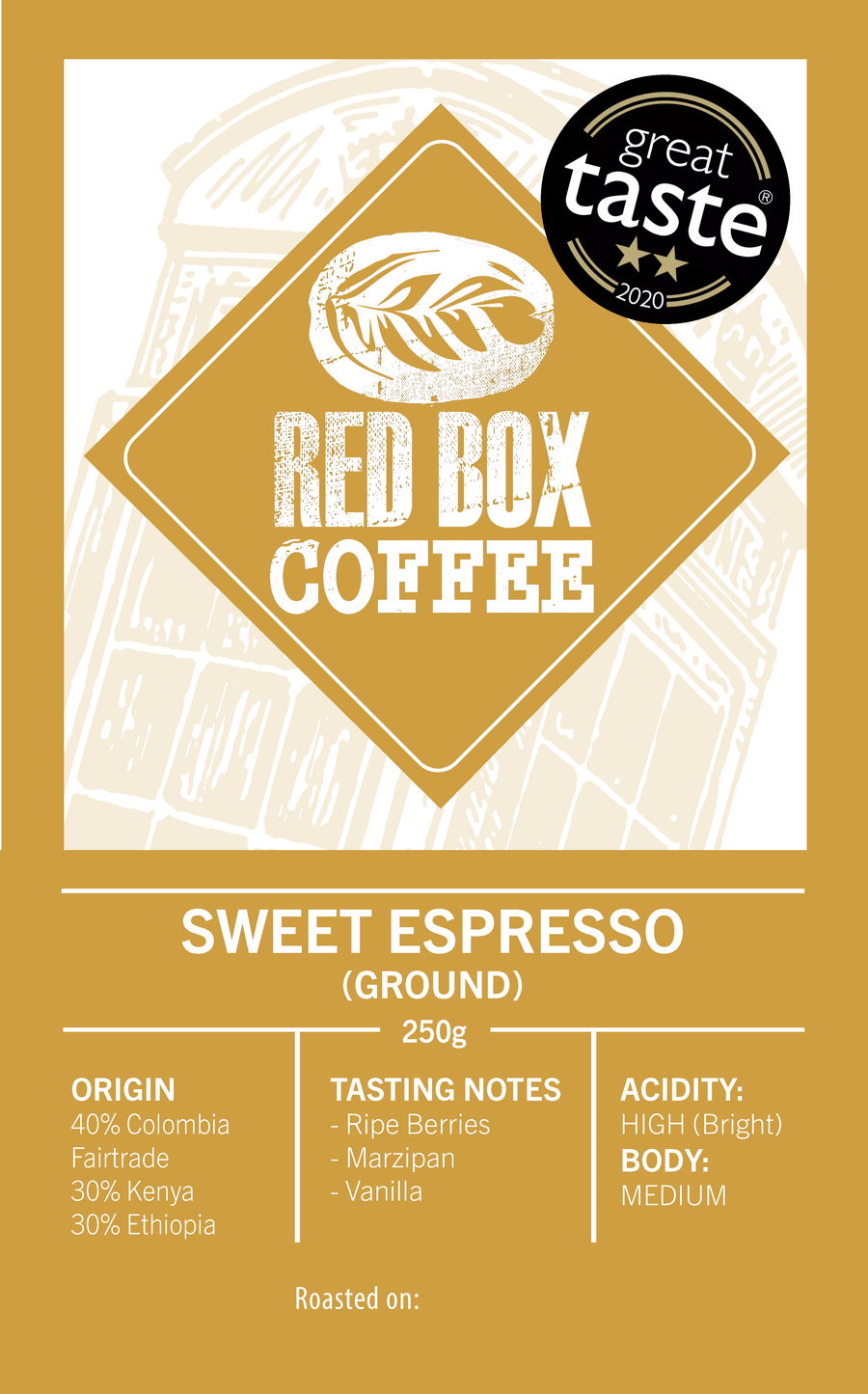 Red Box Sweet Espresso,  Great Taste 2-Star 2020 - GROUND FOR FRENCH PRESS